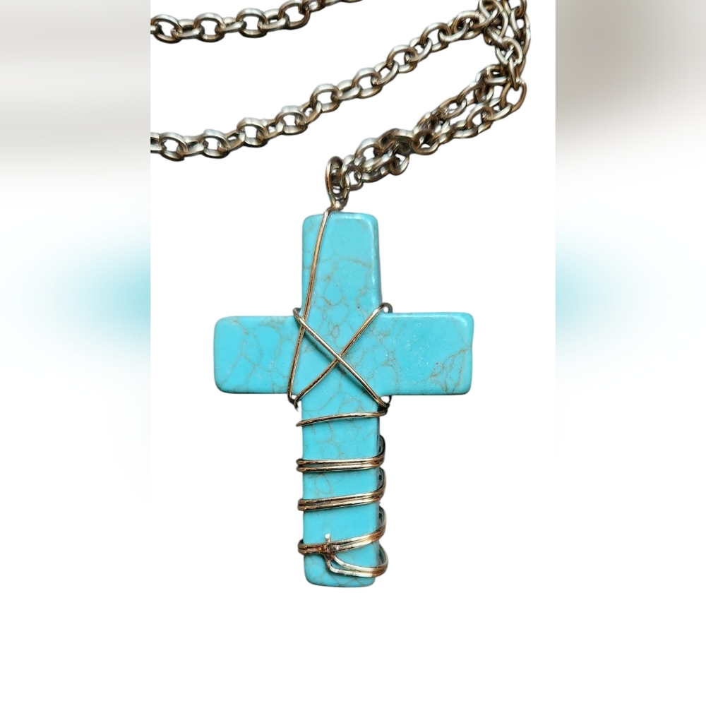 Faux Turquoise Cross Pendant Long Statment Necklace Wire Wrapped Gold Tone